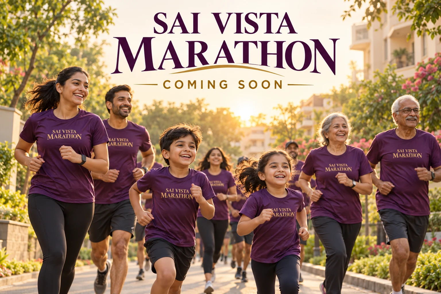 Children, parents and elders running together in Sai Vista Marathon T-shirts